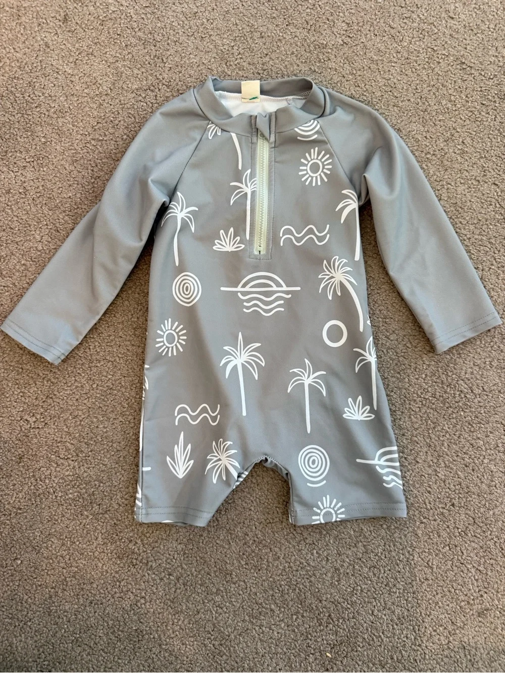 Grey Palm Print One-Piece Rash Guard Swimsuit